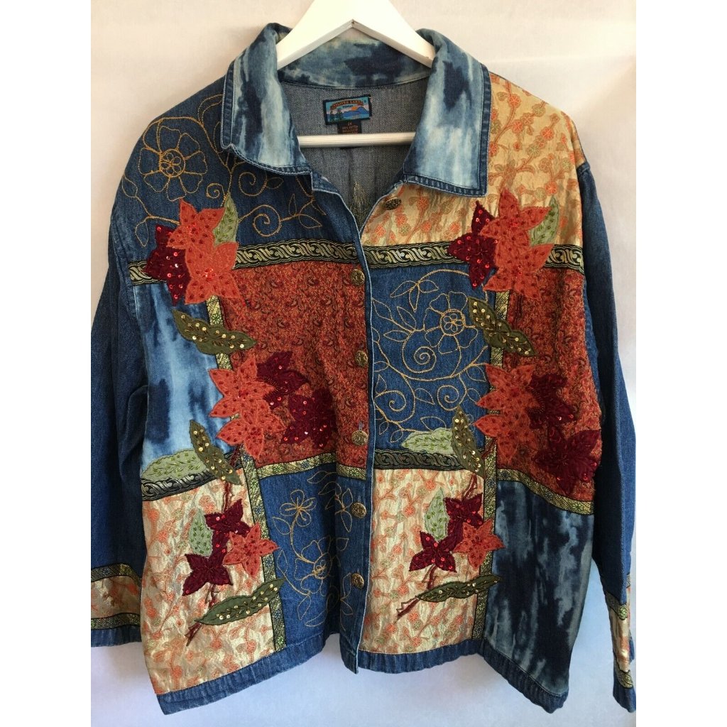 Shaver Lake Jean Jacket Womens 2x Floral Applique Embroidered Denim Blue Button